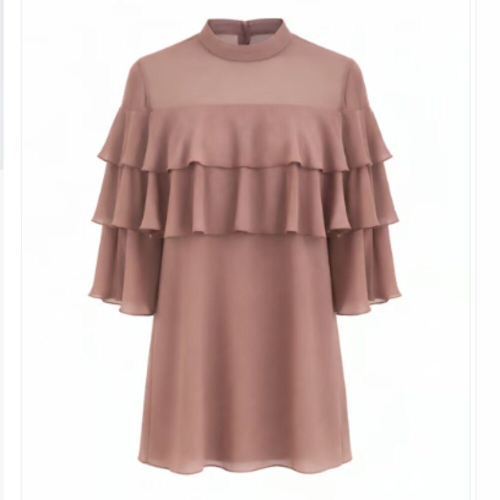 Farrow Dusty Rose Tiered Ruffle Sleeve Mock Neck Shift Dress Size S